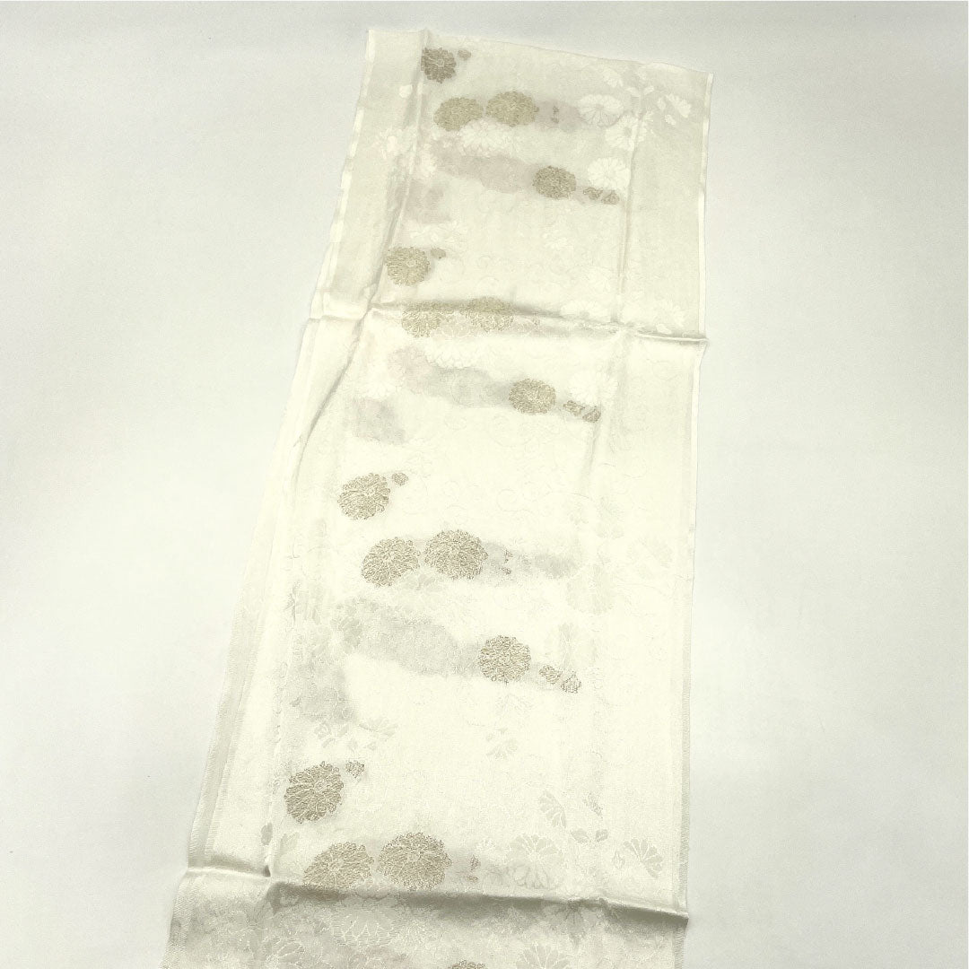 New Old Stock: Obi-jime and Obi-age Set, Pure Silk, New Rank, Shirayuri-iro (White Lily Color), for Tomesode, Classic Chrysanthemum Pattern, Length approx. 160cm, Width approx. 1.6cm, Formal, White Color, 1141000331311