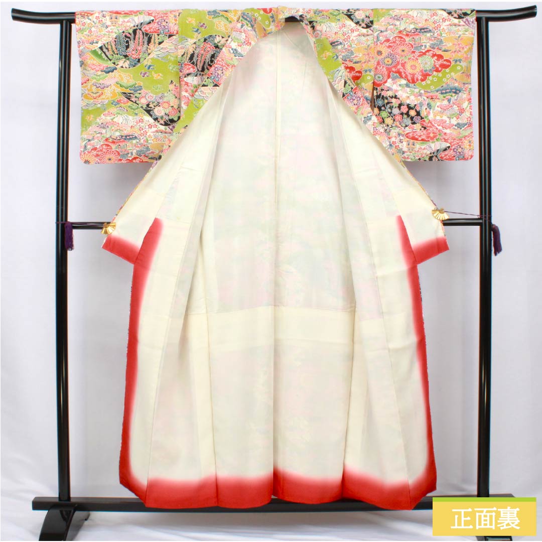 小紋 正絹 Sランク 身丈154cm 裄丈62cm 袷 鶸萌黄色（ひわもえぎいろ） 京紅型 吉祥文様 緑系 1115006832219