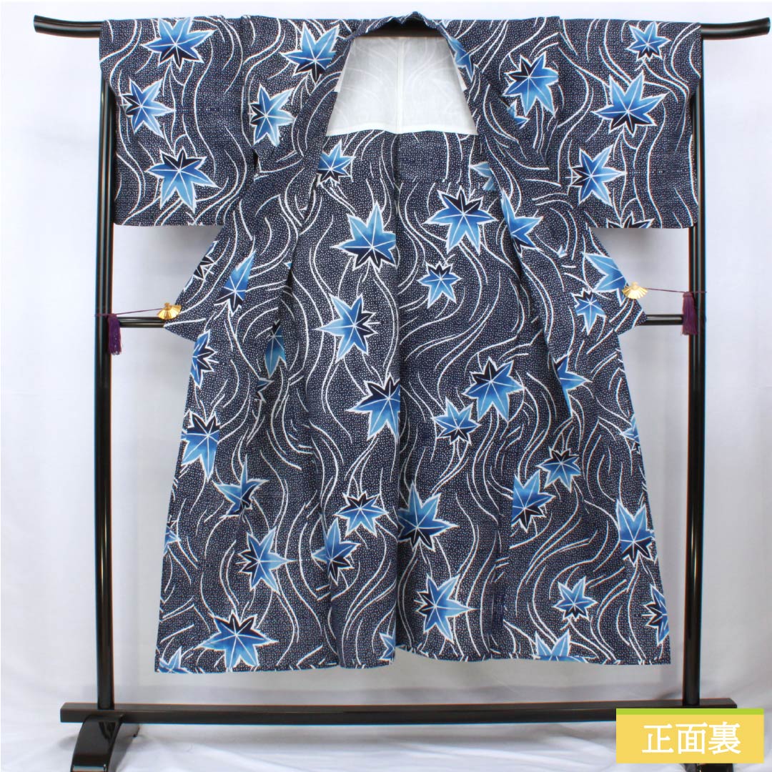 Cotton Yukata, Length 144.5cm, Sleeve Length 68.5cm, S Rank, Single Layer, Navy Blue, Flowing Water and Autumn Leaves Design, Item Number: 1118006312118