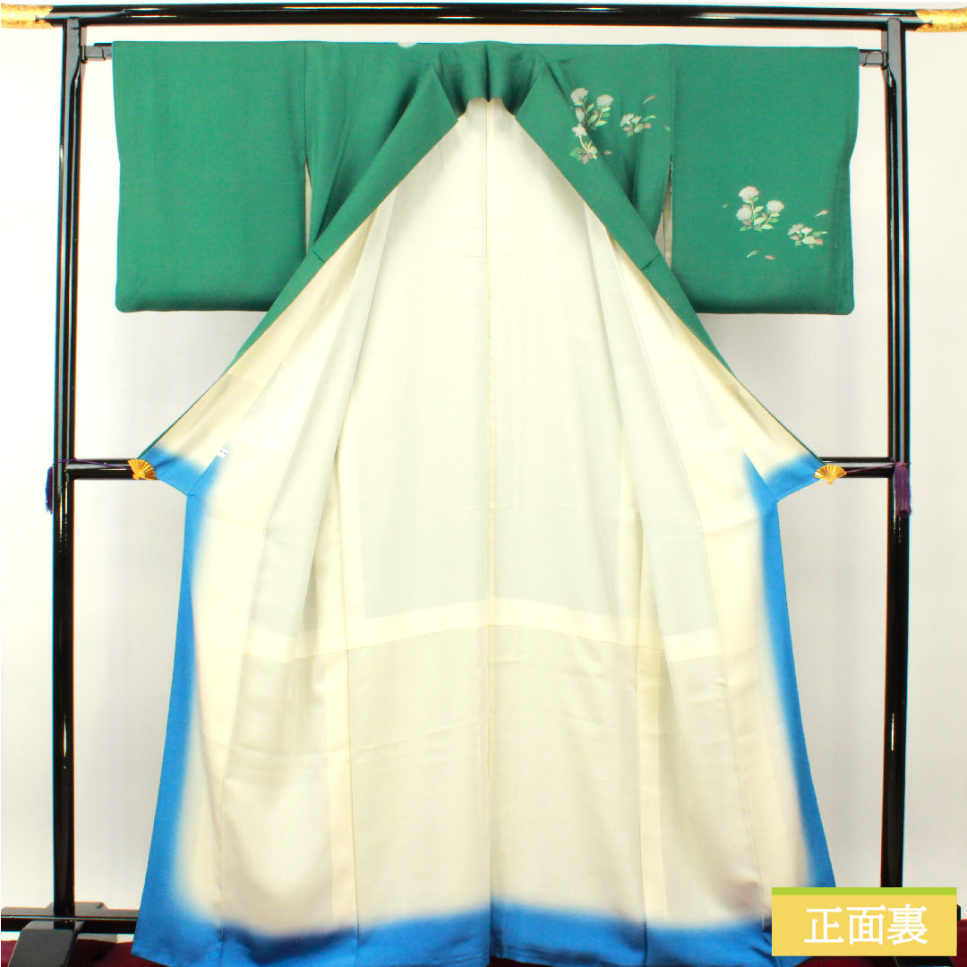 Homongi, pure silk, lined, length 166cm, sleeve length 66cm, Satsuma Nandouiro, Kyo-Yuzen, floral pattern, A rank, green, 1112004243519