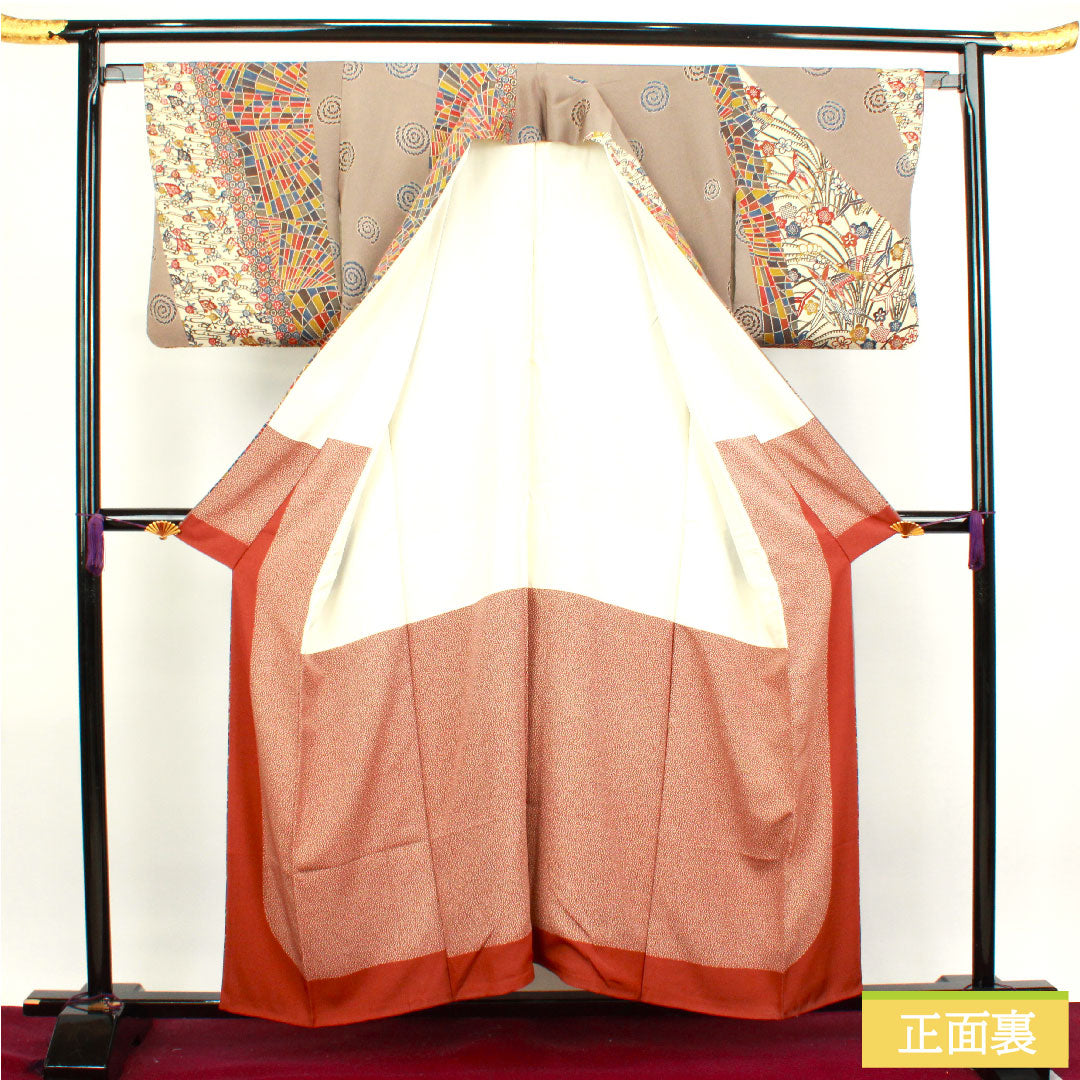 小紋 正絹 身丈154.5cm 裄丈64cm 袷  壁鼠色 京紅型 抽象模様   Aランク グレー系 1115003513222