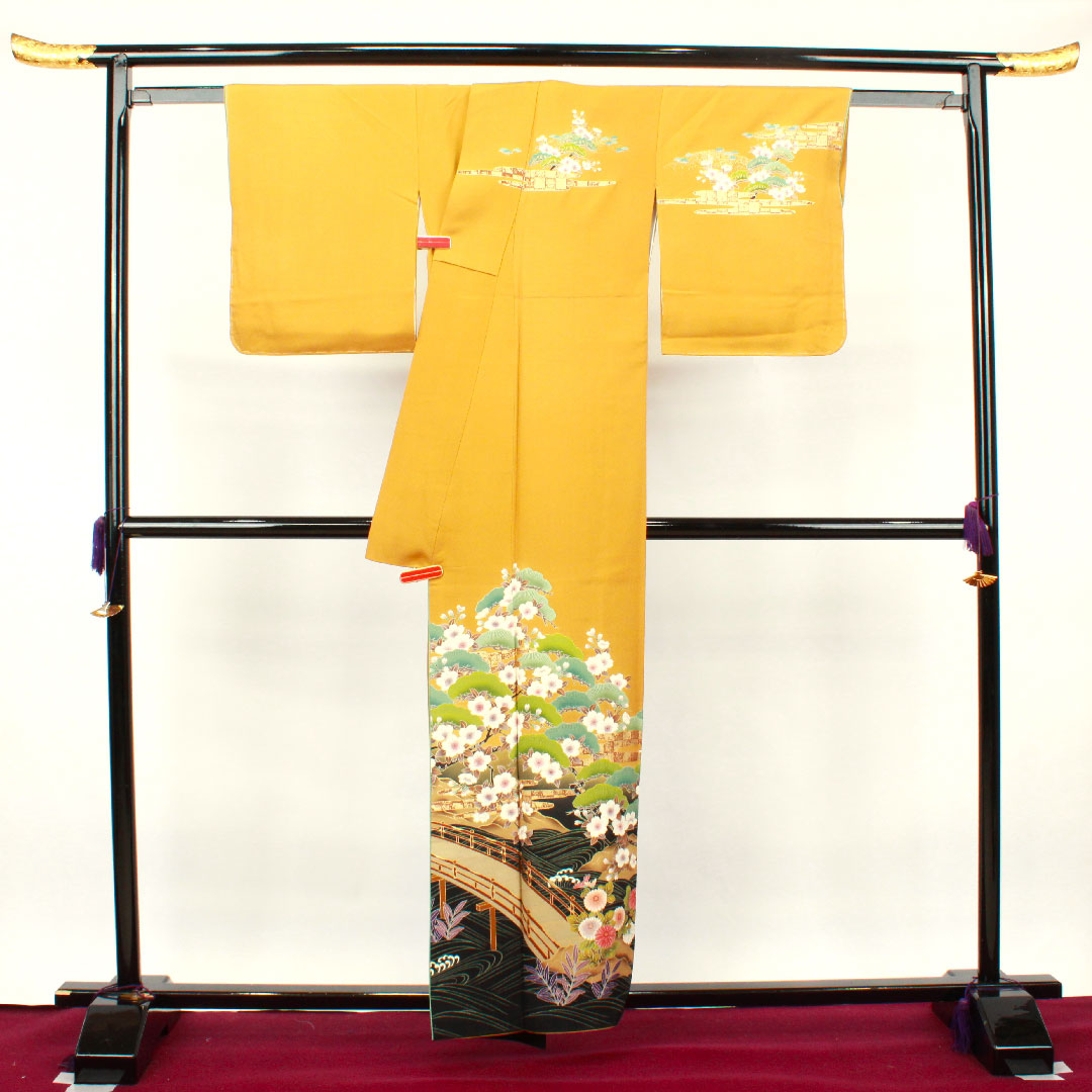 訪問着 袷 身丈158.5cm 裄丈61.5cm 小麦色 京友禅 桜 正絹 Sランク 黄系 1112002212323