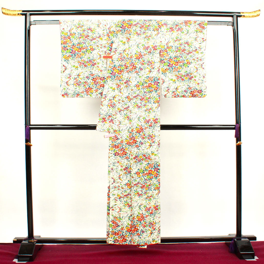 小紋 身丈156cm 裄丈60cm 袷  胡粉色 草花模様  正絹 Aランク 白系 1115003073311