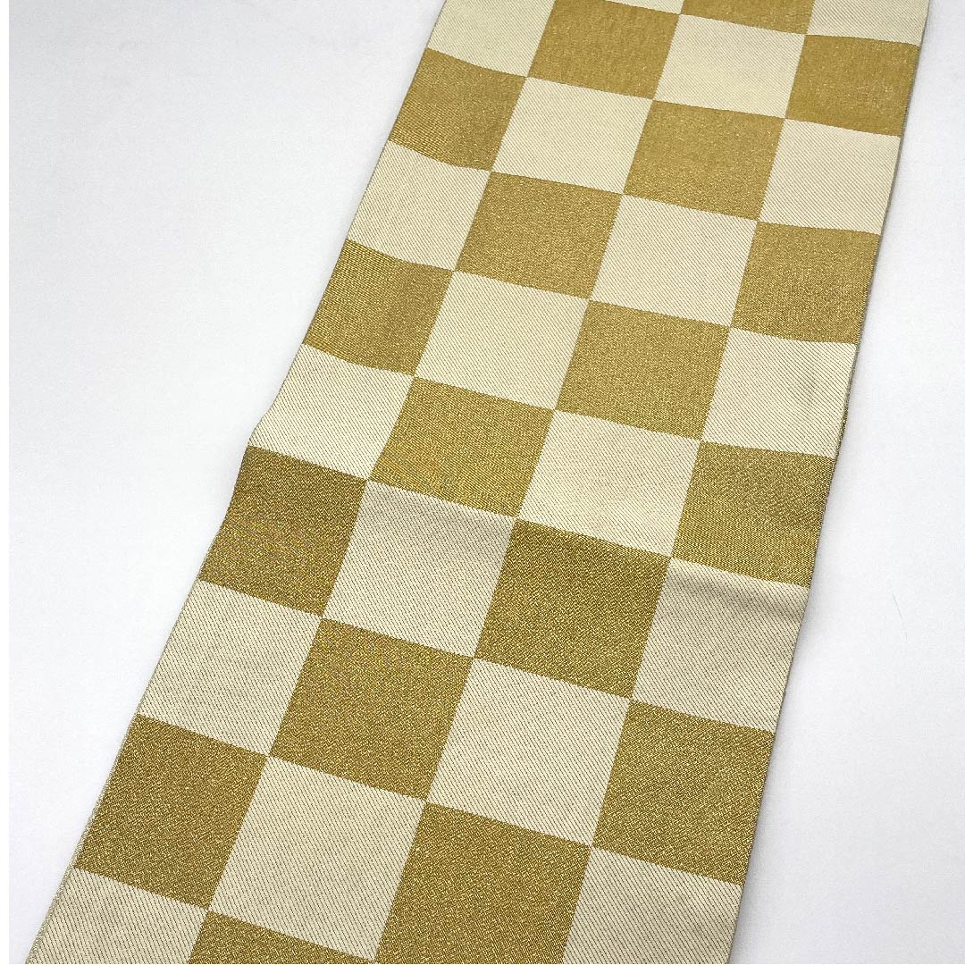 袋帯 金色 振袖用 市松 帯丈436cm 正絹 Sランク 六通 フォーマル 金系 1123006382321