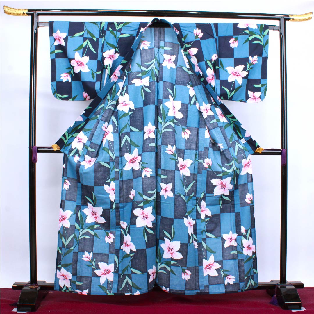 Yukata, dark blue, imitation saffron, checkered pattern, cotton, S rank, single layer, length 161cm, sleeve length 65.5cm, navy blue, 1118004112418