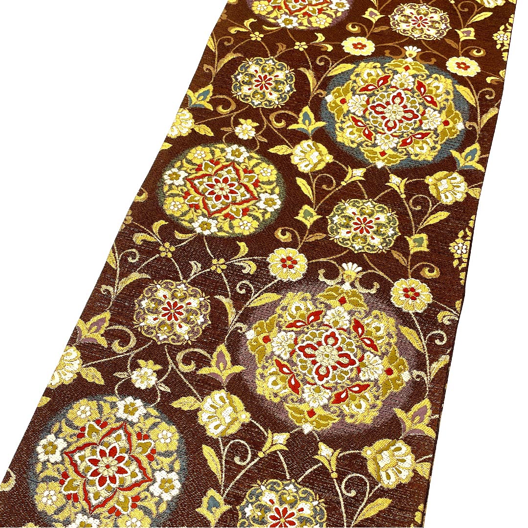 袋帯 濃茶色（こいちゃいろ） 古渡更紗 帯丈400cm 正絹 Sランク 六通 フォーマル 茶系 1123002842314