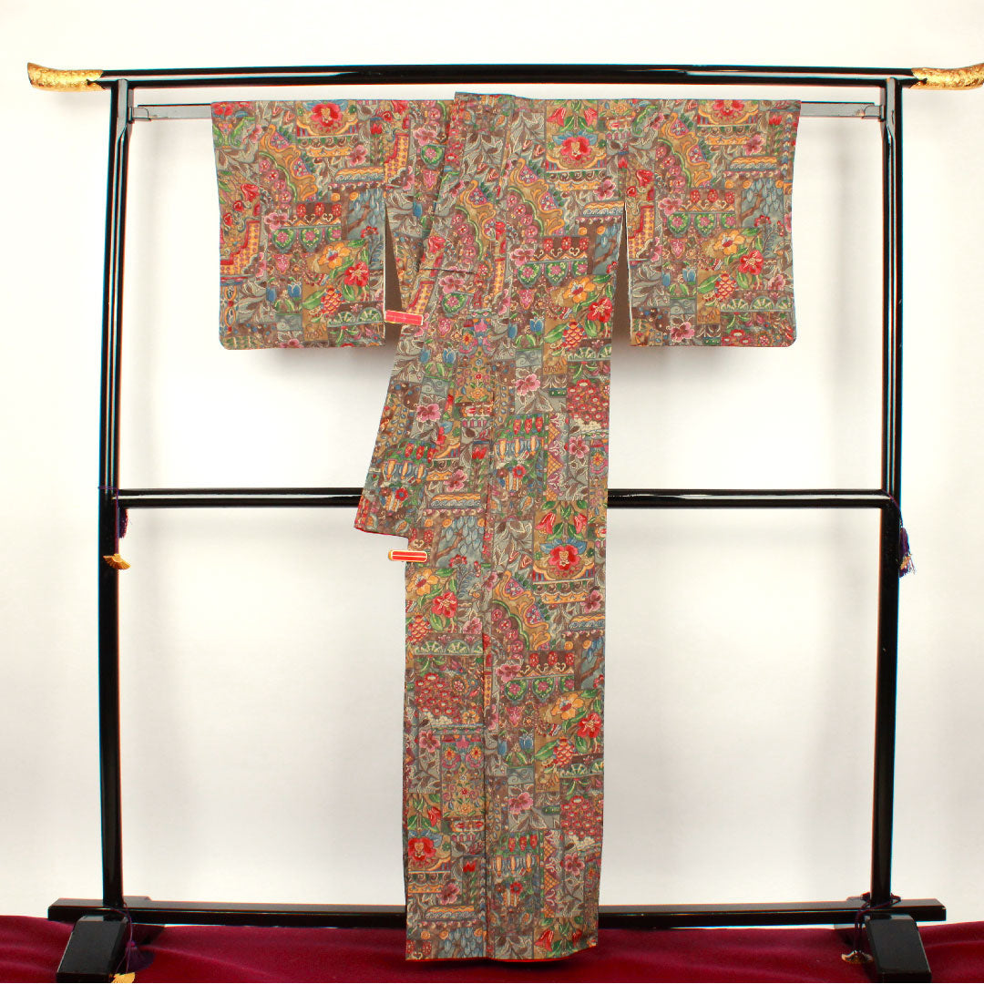 小紋 身丈160cm 裄丈62cm 袷  更紗模様  正絹 Aランク グラデ 1115002303499