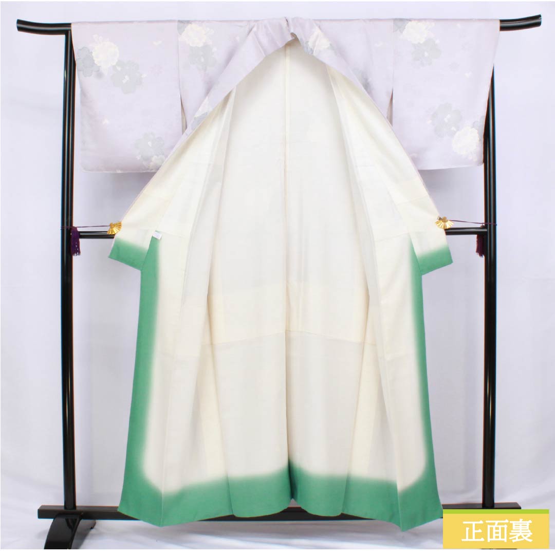 Komon (small pattern) kimono, pure silk, length 156cm, sleeve length 66cm, lined, hazy color (kasumi-iro), stencil-dyed, cherry blossom and camellia motifs, Kirara Guard, S rank, purple, 1115006192320