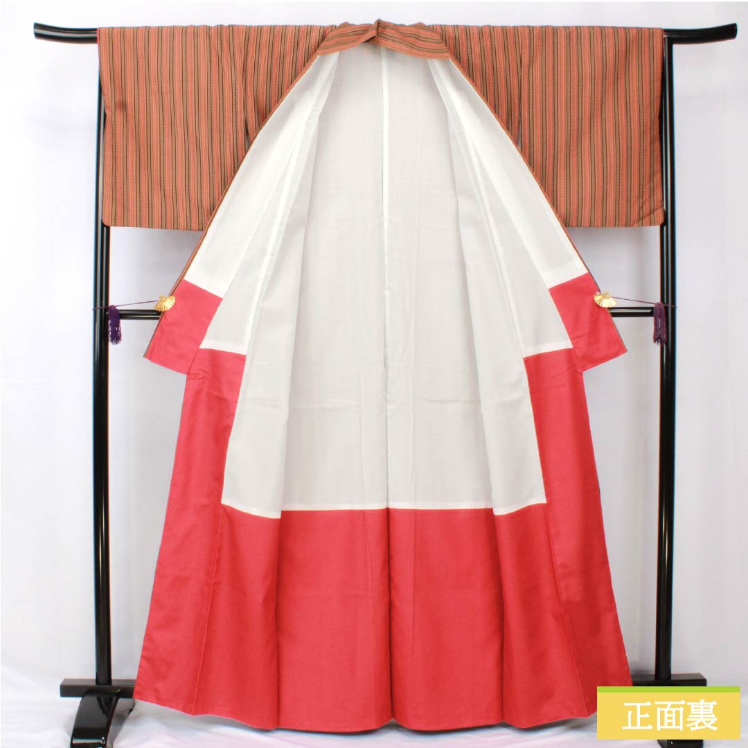 小紋 ポリエステル 身丈162.5cm 裄丈65.5cm 袷 縞 洗える着物 Sランク ベージュ系 1115005502425