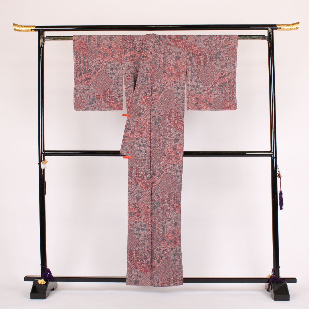 小紋 身丈160cm 裄丈64cm 袷  更紗柄 正絹 Sランク 紫系 1115000202320