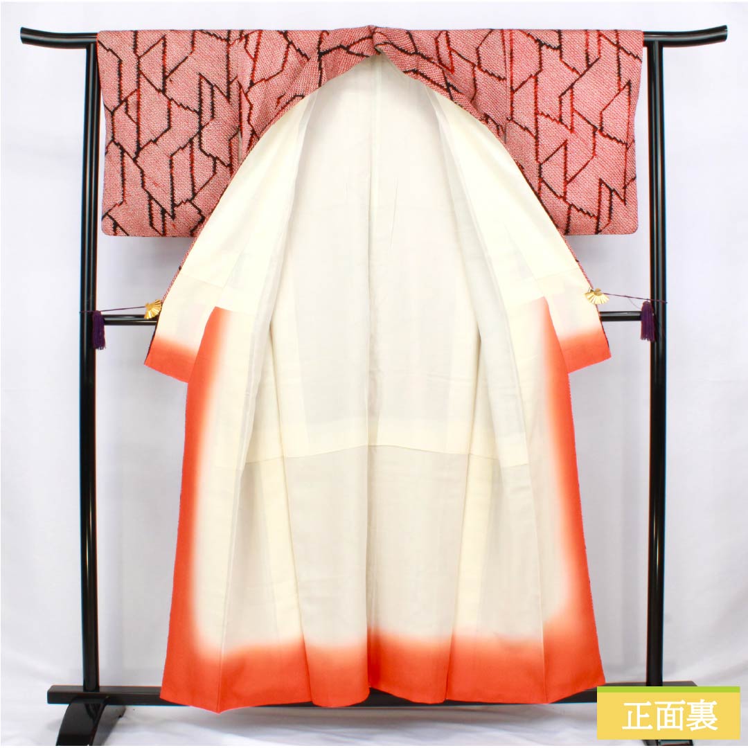 小紋 正絹 Aランク 身丈156cm 裄丈63cm 袷 赤色（あかいろ） 絞り 幾何学模様 赤系 1115006483312