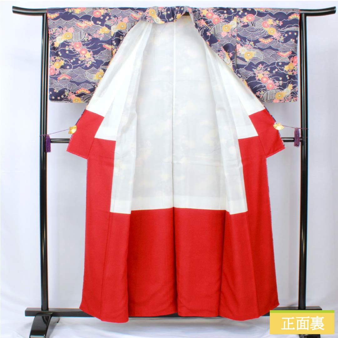 小紋 正絹 身丈157cm 裄丈63cm 袷 型染 青海波 松 花 Sランク 紺系 1115005902318