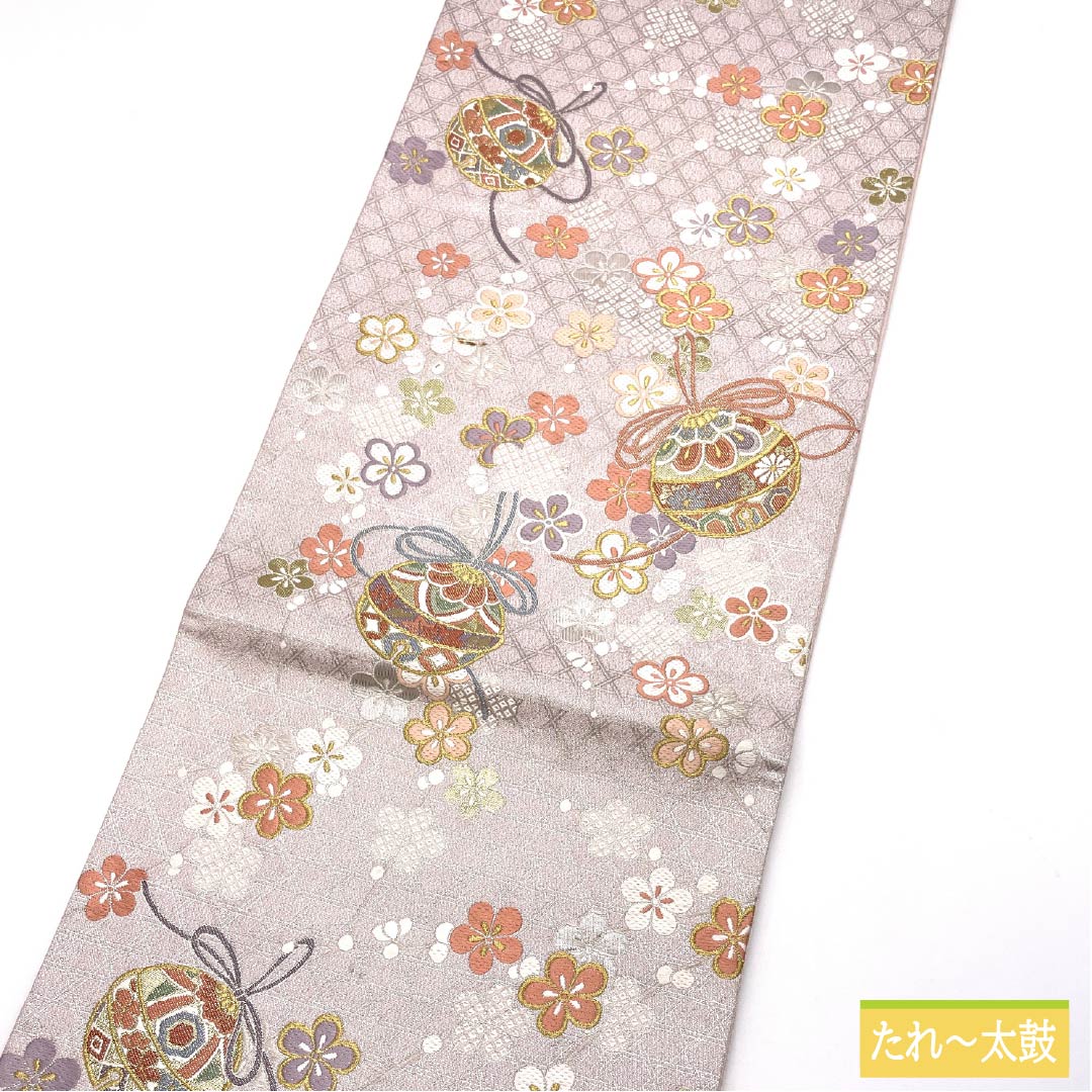 袋帯 正絹 退紅色（あらそめいろ） 振袖用 毬 花模様 帯丈436cm Aランク 六通 フォーマル ピンク系 1123014703313