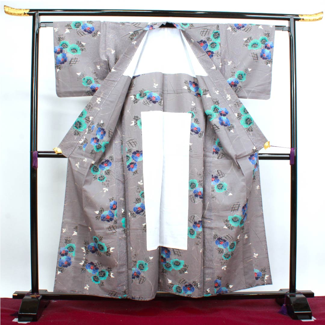 浴衣 鼠志野色 牡丹 萩 木綿 Sランク 単衣 身丈157.5cm 裄丈64.5cm グレー系 1118004082322