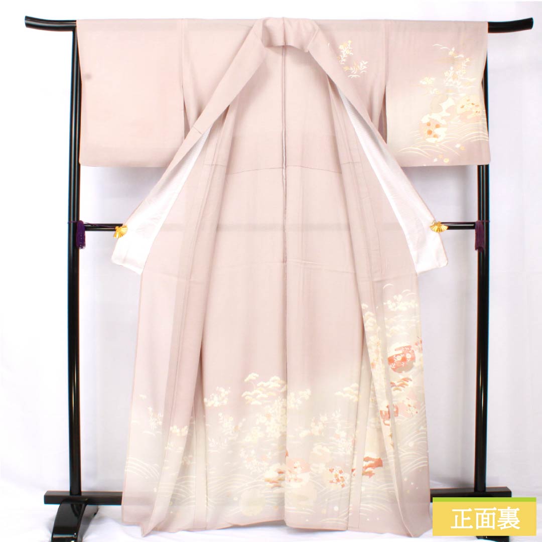 夏物 正絹 訪問着 身丈165cm 裄丈66cm 薄梅鼠色（うすうめねずいろ） 京友禅 金彩 雪輪 絽 Aランク グレー系 1132002033522