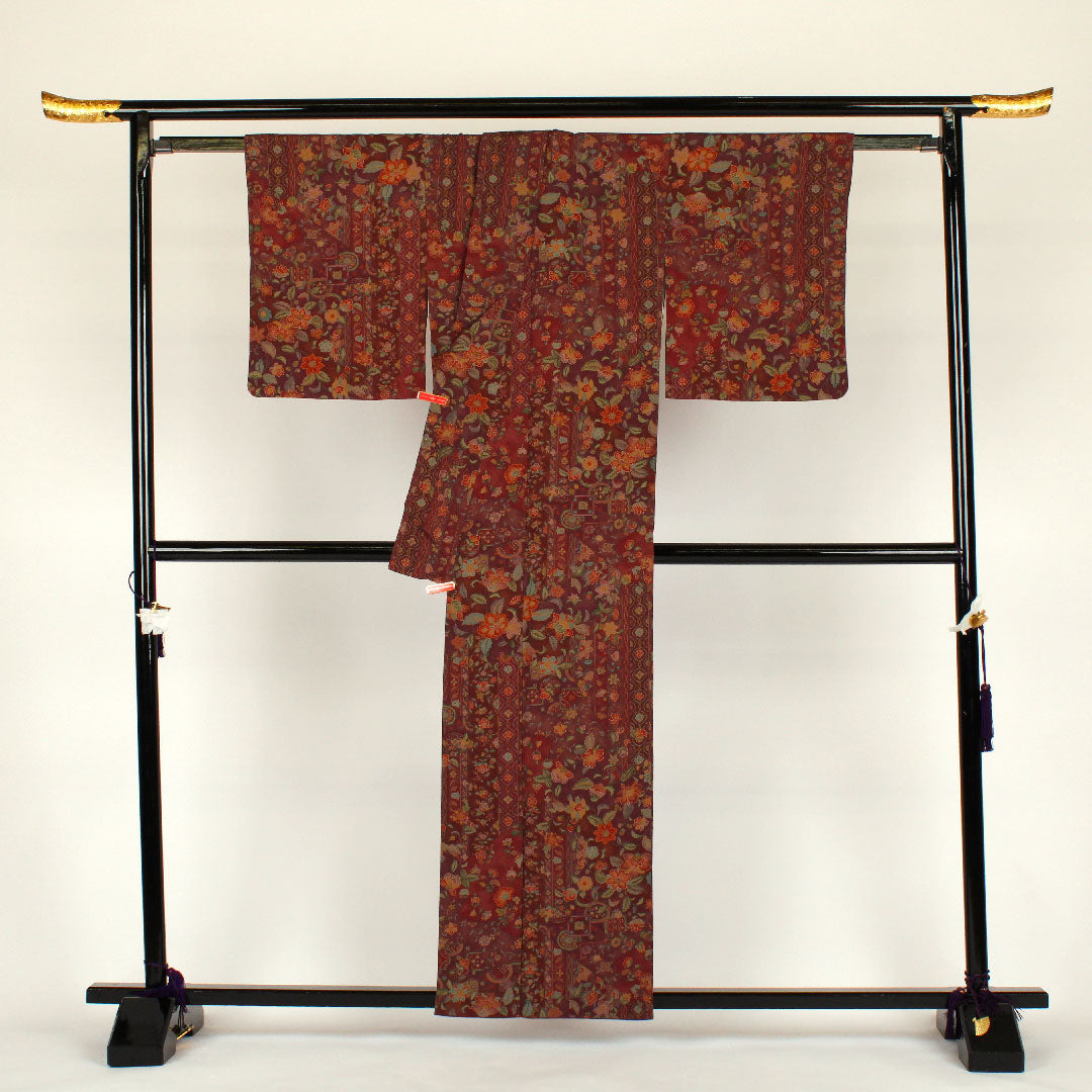 小紋 身丈160cm 裄丈64cm 袷  洗える着物 更紗柄 ポリ Aランク 茶系 1115000223314