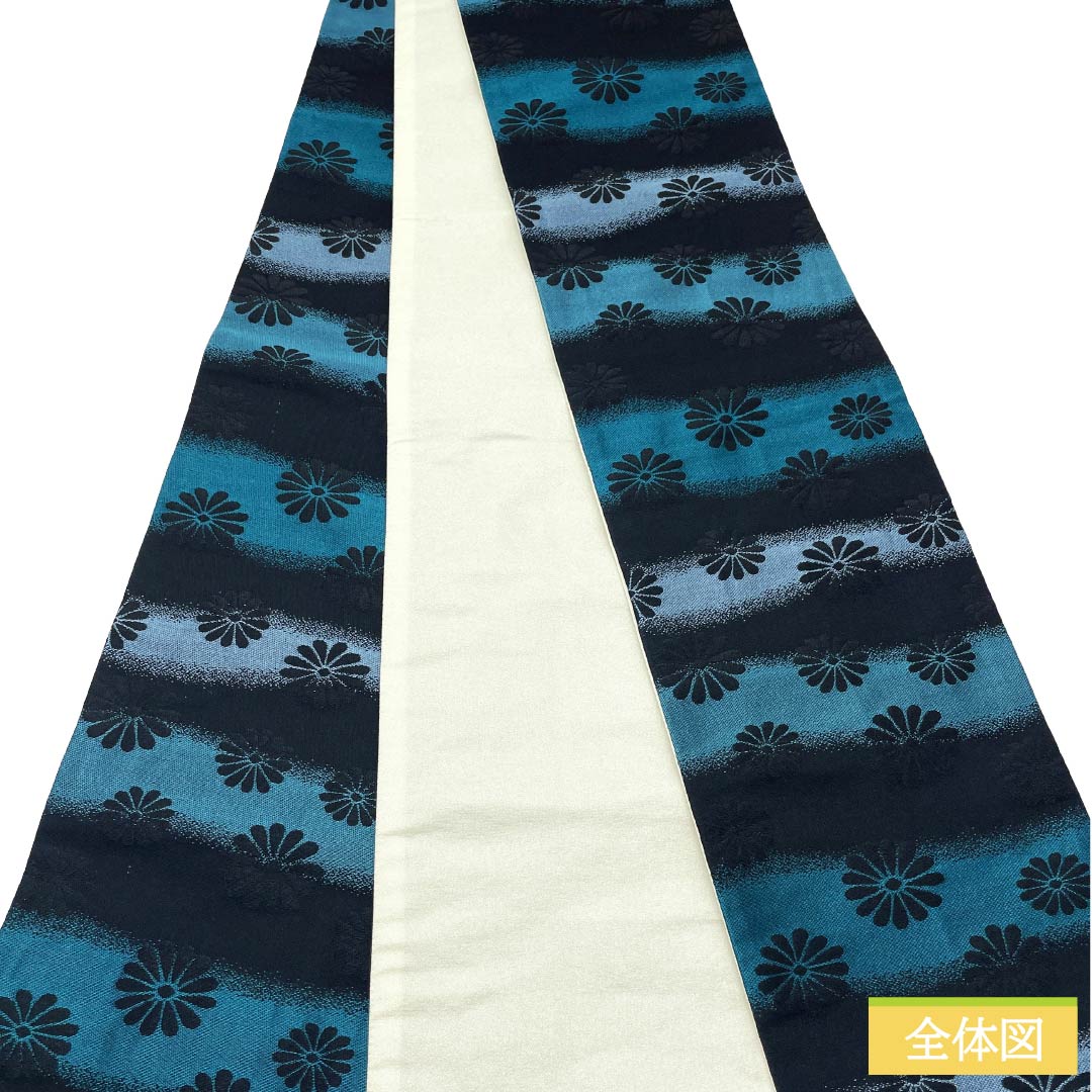 【未仕立】半幅帯 ポリエステル Aランク 横段 菊 帯丈388cm 黒系 1125004613310