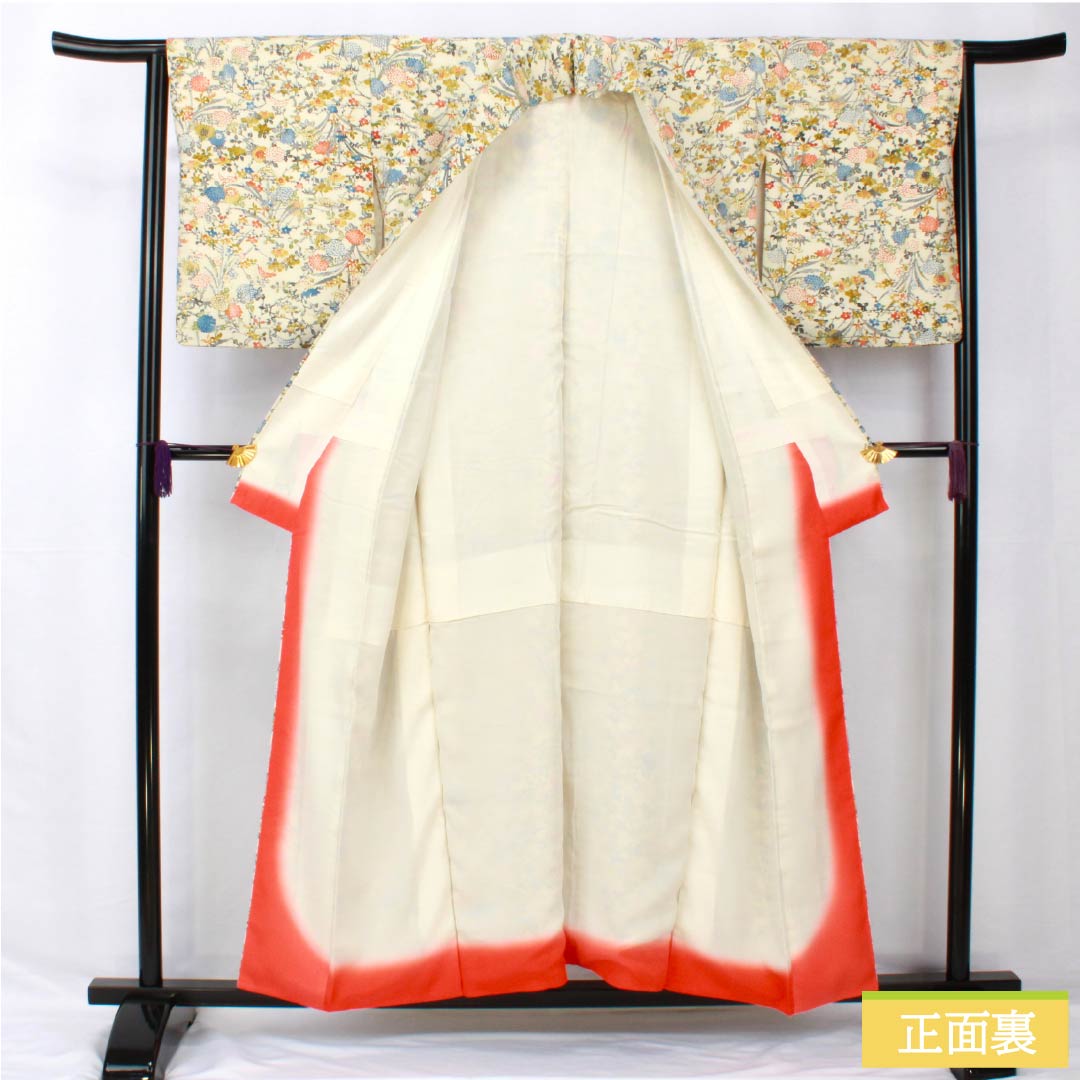 小紋 正絹 身丈154.5cm 裄丈63.5cm 袷 象牙色（ぞうげいろ） 型染 草花模様 Sランク クリーム系 1115005492215