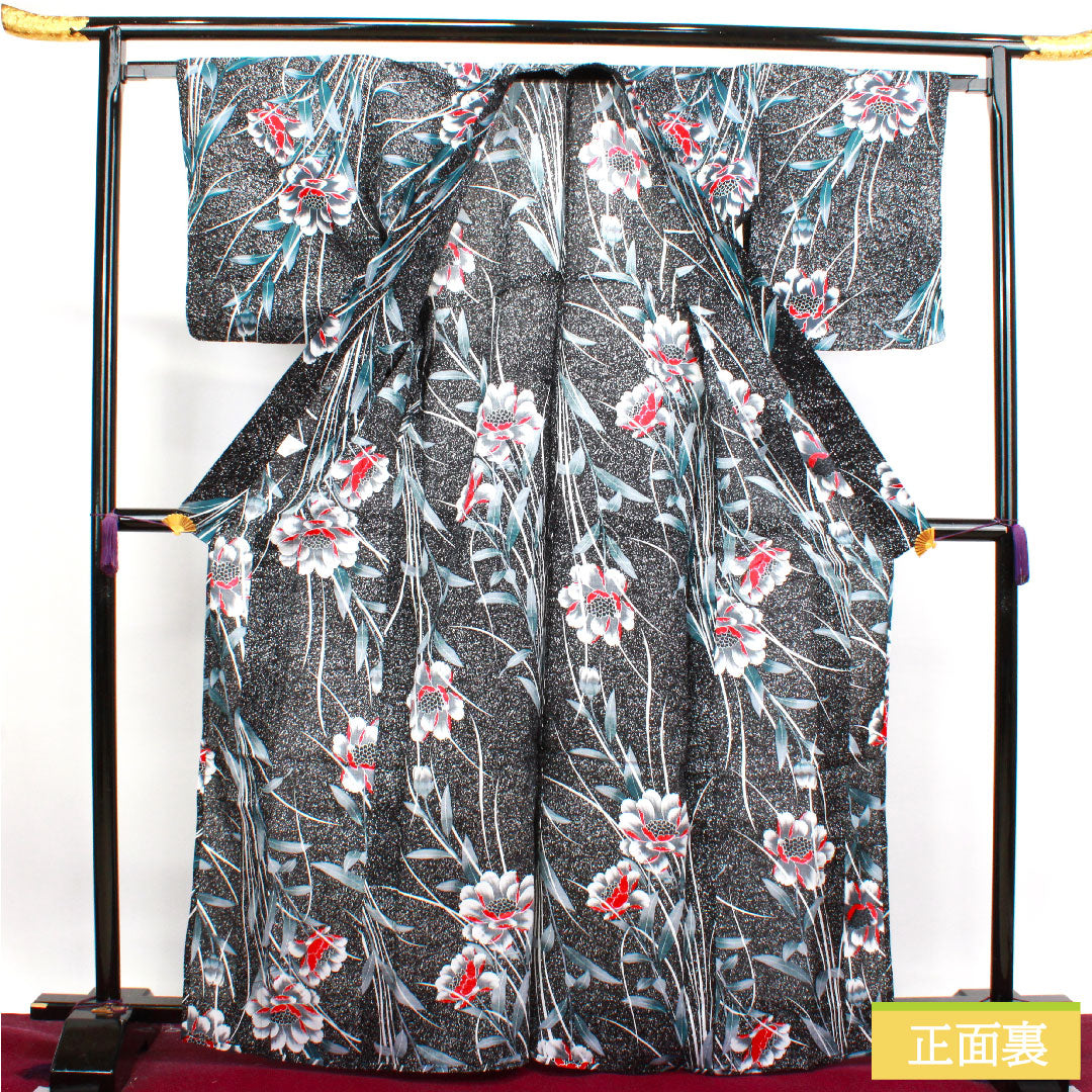 浴衣 木綿 身丈168.5cm 裄丈63cm Sランク 単衣 黒系 芍薬 1118004622510