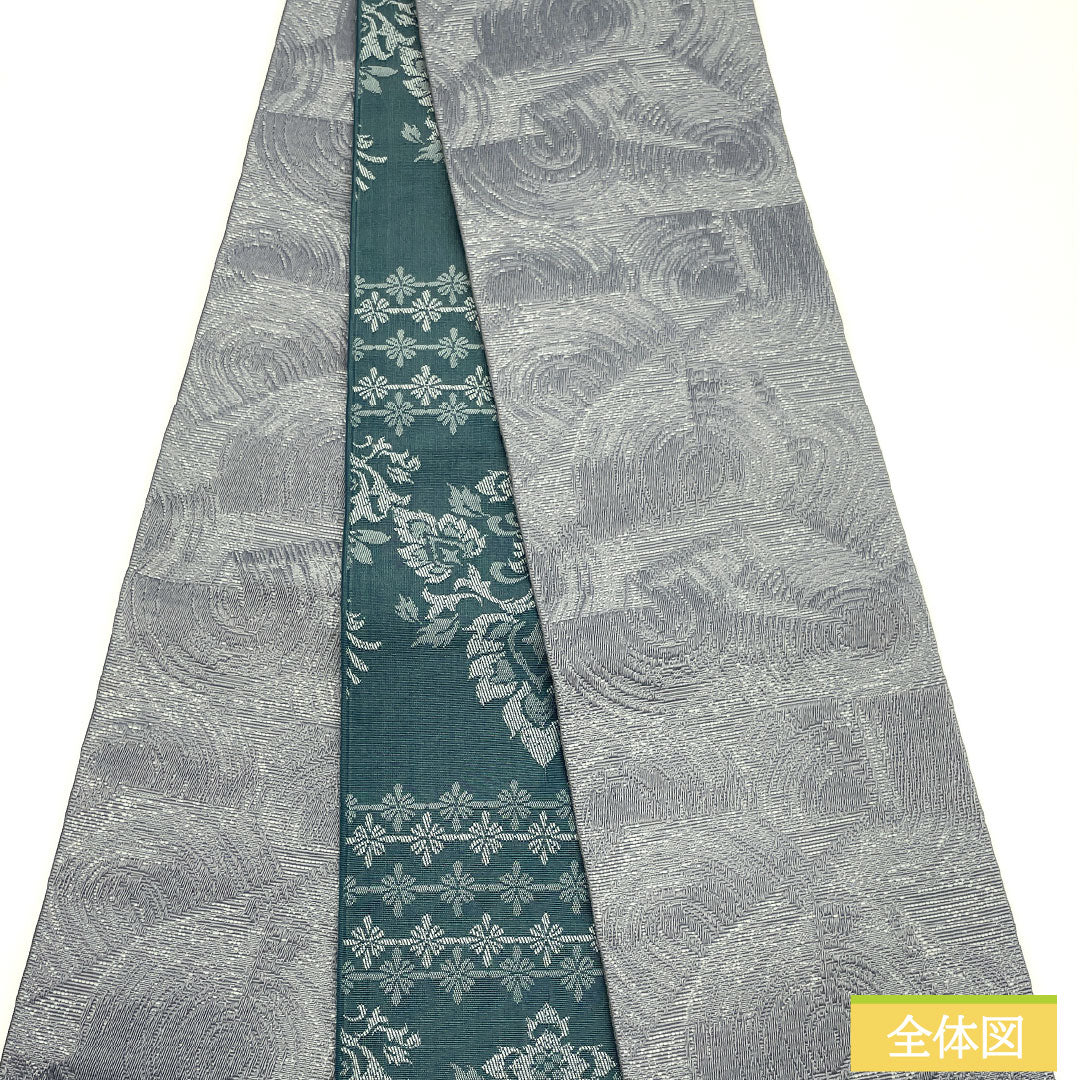 (New) Half-width obi, polyester, NEW rank, lead color (namariiro), indigo iron color (aitetsuiro), geometric pattern, circles, abstract floral pattern, reversible, obi length 400cm, gray tones 1125002611422