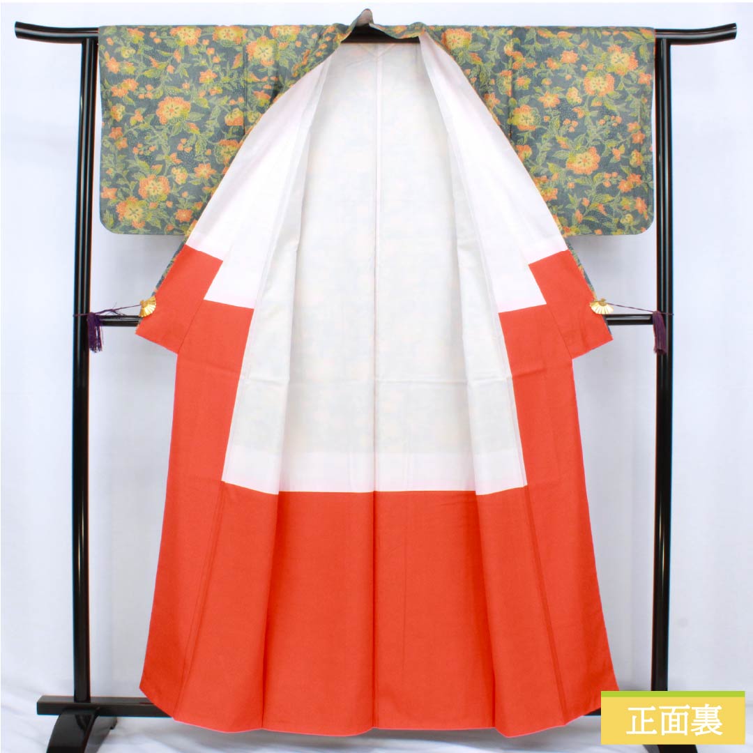 小紋 ポリエステル Sランク 身丈159.5cm 裄丈63.5cm 袷 御召御納戸色（おめしおなんどいろ） 洋花 洗える着物   青系 1115007282317