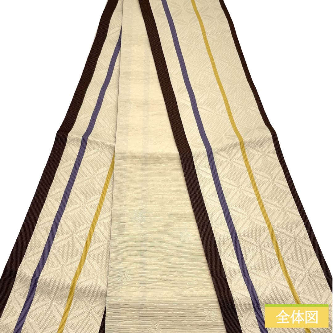 （新品）半幅帯 ポリエステル NEWランク 鳥の子色（とりのこいろ） 縞 七宝 小桜 広幅 リバーシブル 帯丈395cm ベージュ系 1125006171325