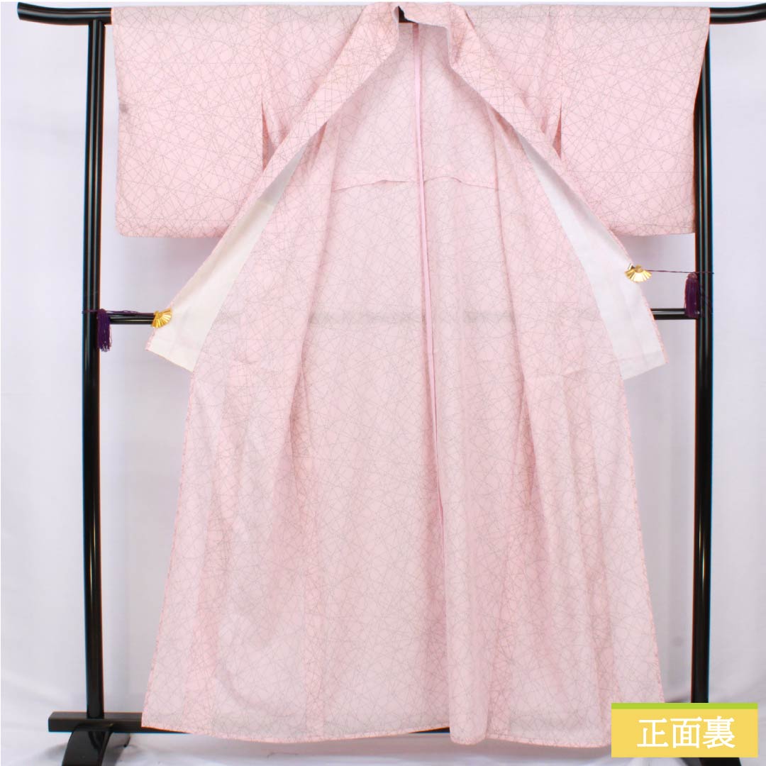 夏物 ポリエステル 小紋 身丈159.5cm 裄丈64cm 曙色（あけぼのいろ） 点 線 洗える着物 絽 Bランク ピンク系 1132002464313