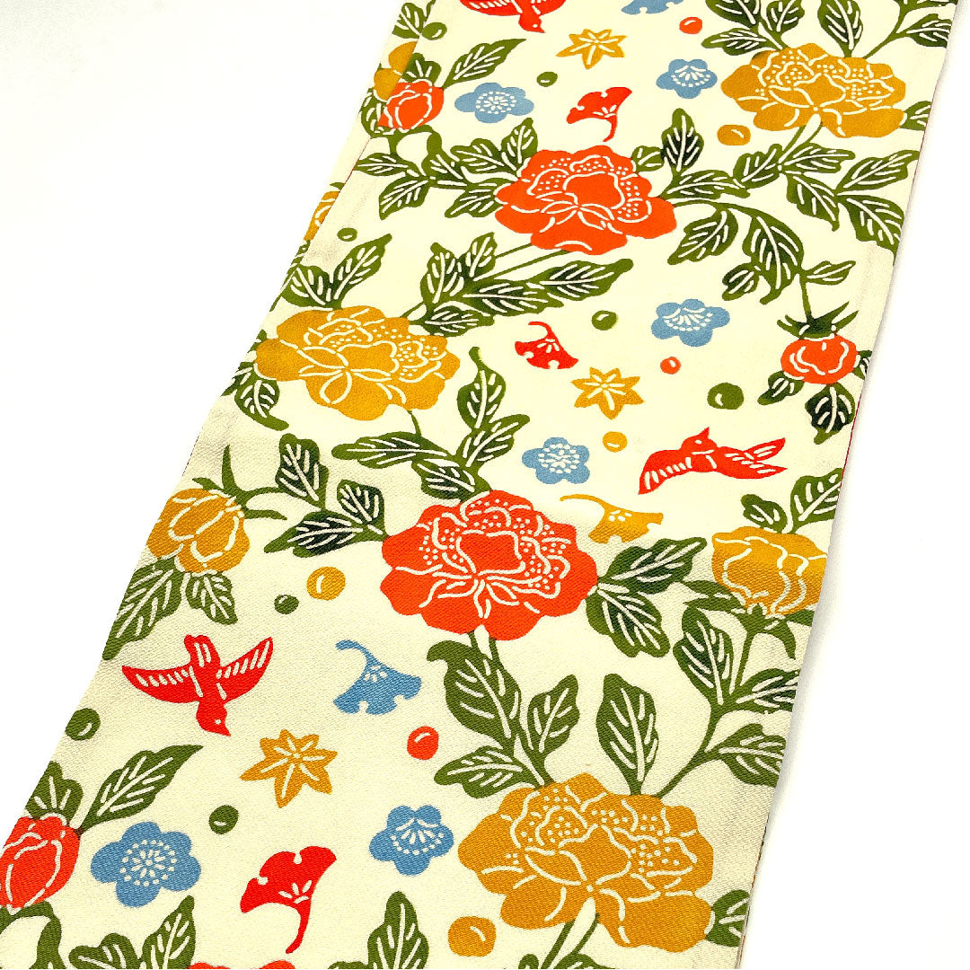 名古屋帯 型染 染め帯 花鳥模様 帯丈378cm 正絹 Aランク 全通 カジュアル クリーム系 1124002033315