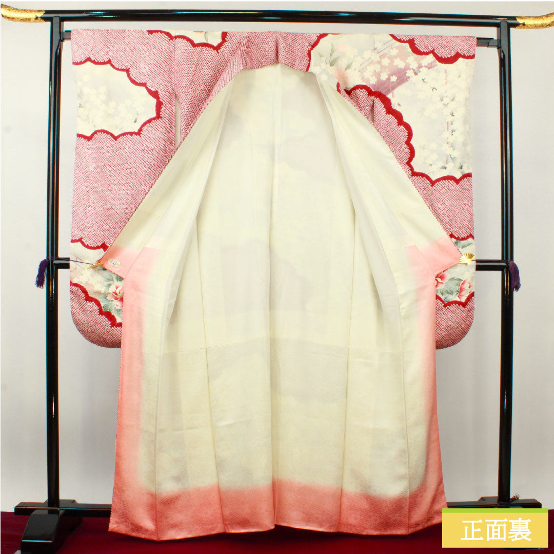 Furisode, pure silk, length 163.5cm, sleeve length 65cm, lined, crimson, Kyo-Yuzen, tie-dye, cherry blossom, rose, S rank, red, 1113001992412