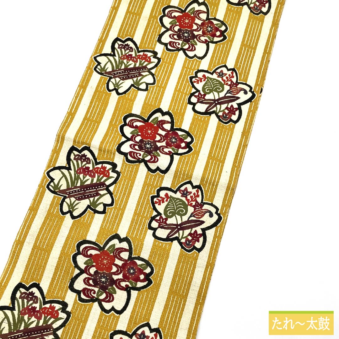 Nagoya Obi, Pure Silk, Grade A, Dark Egg-Colored, Stencil-Dyed, Tsumugi Fabric, Cherry Blossom Design, Length 365cm, Six-Ply, Casual, Yellow, Product Number 1124009303323, Nagoya Style