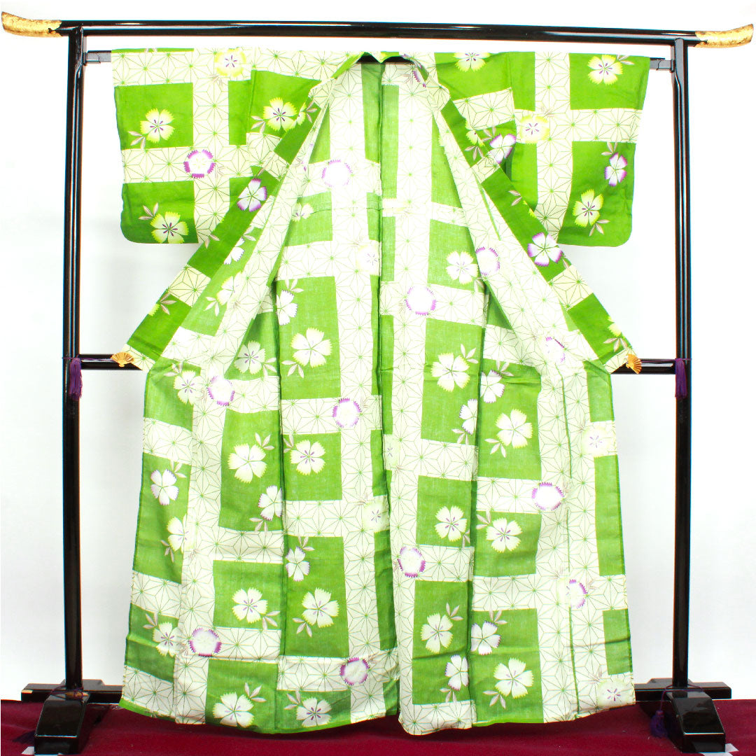 浴衣 常盤色 撫子 麻の葉 木綿 Sランク 単衣 身丈165.5cm 裄丈66cm 緑系 1118002722519