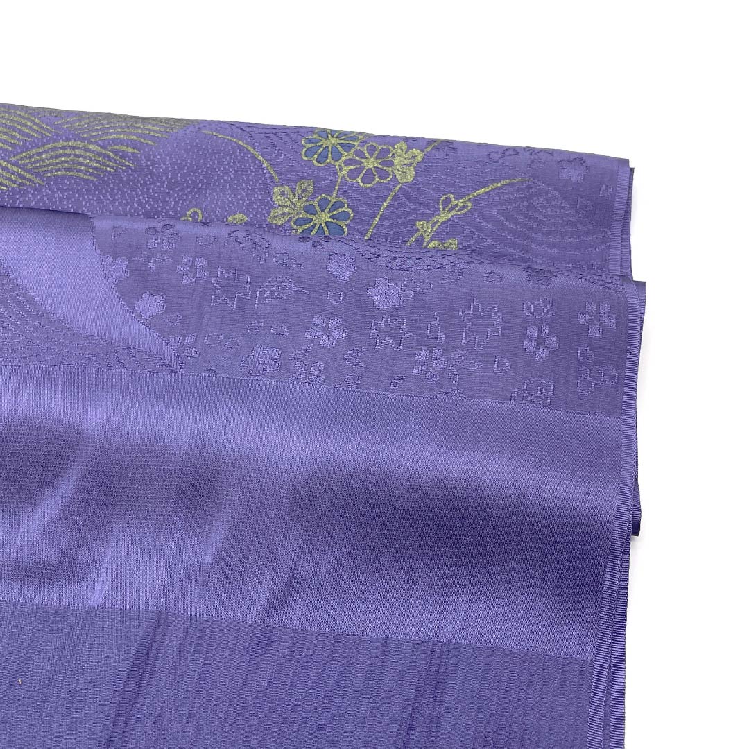 Obiage, pure silk, S rank, semi-formal, bellflower purple, Michinaga-dori pattern, flowers and plants, waves, length approx. 173cm, width approx. 29cm, purple color family, 1136004322920