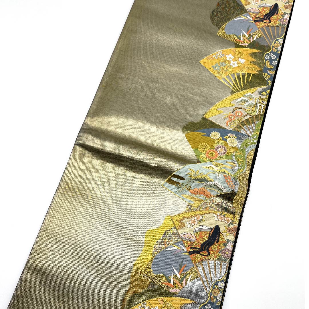 （未仕立）袋帯 紀州茶色（きしゅうちゃいろ） 紫式部 扇 一蔵 帯丈462cm 正絹 Aランク 六通 フォーマル グレー系 1123007943422