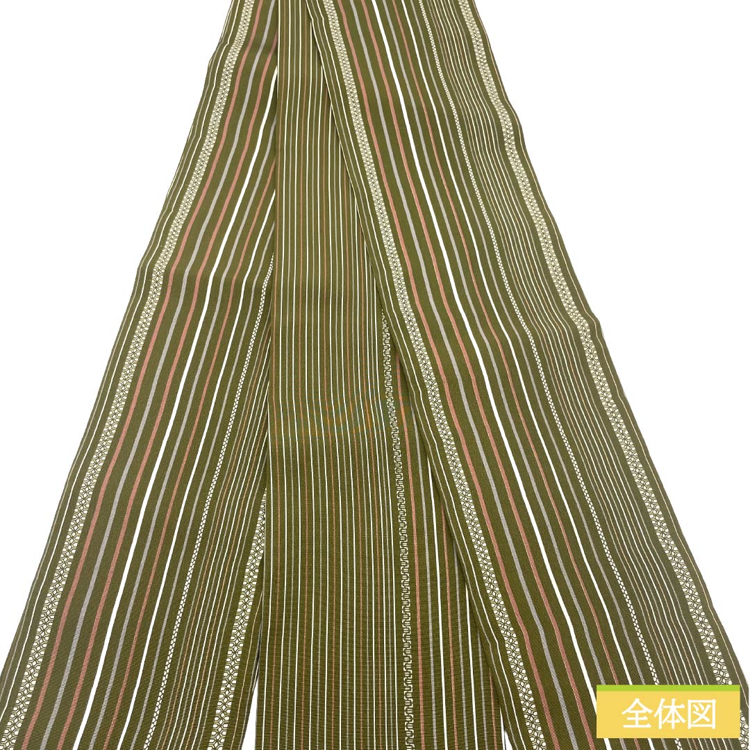 半幅帯 正絹 Sランク 千歳茶色（せんざいちゃいろ） 縞模様 リバーシブル 帯丈423cm 緑系 1125003812419
