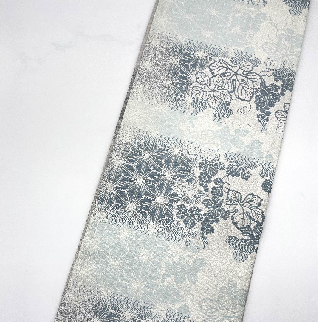 Fukuro Obi (Indigo Blue) with Asanoha and Grape Arabesque Patterns, Length 445cm, Pure Silk, Rank S, Pointed Pattern, Semi-Formal, Light Blue, 1123007852324