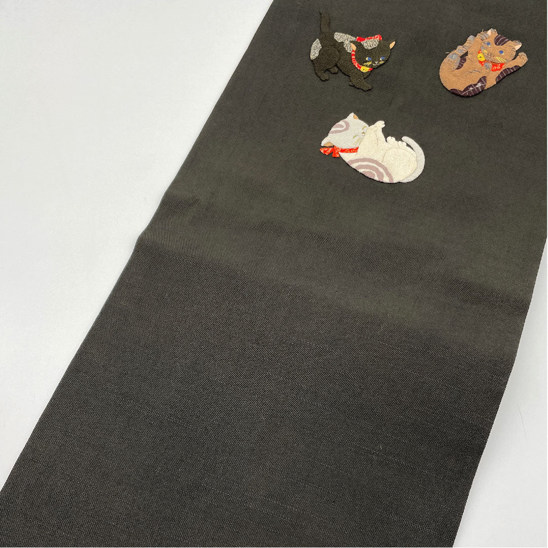 リサイクル着物】名古屋帯 黒色 猫 和模様 帯丈362.5cm 正絹 Bランク