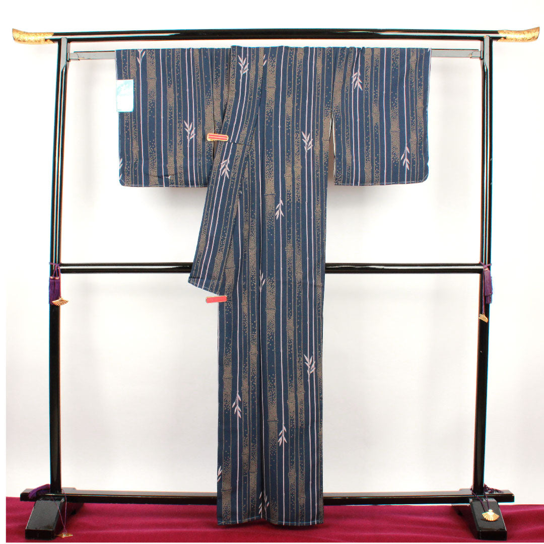 小紋 身丈163cm 裄丈67.5cm 袷  紺青色 洗える着物 竹  ポリ Sランク 紺系 1115002112418