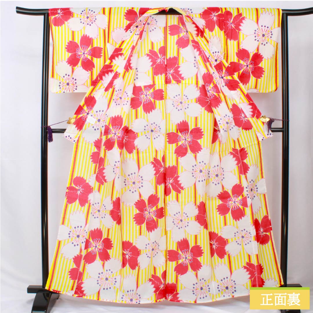 Cotton Yukata, Length 163cm, Sleeve Length 64cm, Rank A, Single Layer, Yellow, Pink, 1118006113423