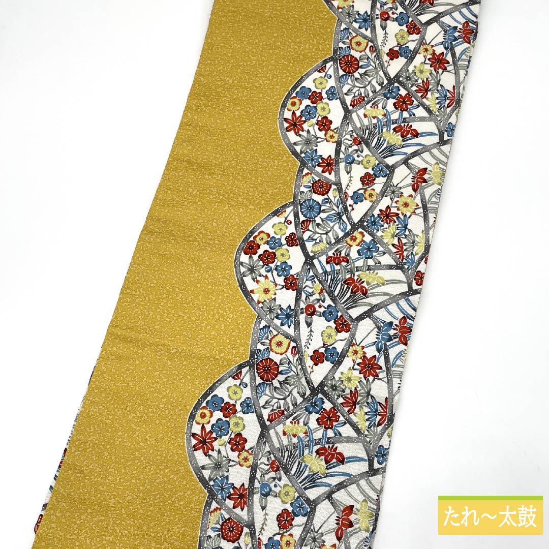 名古屋帯 金色色（こんじきいろ） 京紅型 紅型調 梅 帯丈373cm 正絹 Sランク 全通 カジュアル 黄系 1124006862323 名古屋仕立て