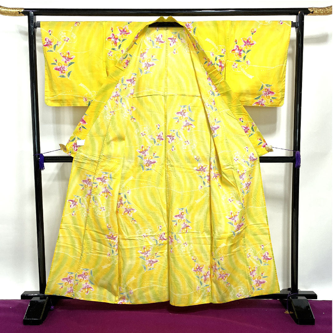 浴衣 向日葵色 風鈴 花模様 木綿 Aランク 単衣 身丈161.5cm 裄丈69cm 黄系 1118001033423