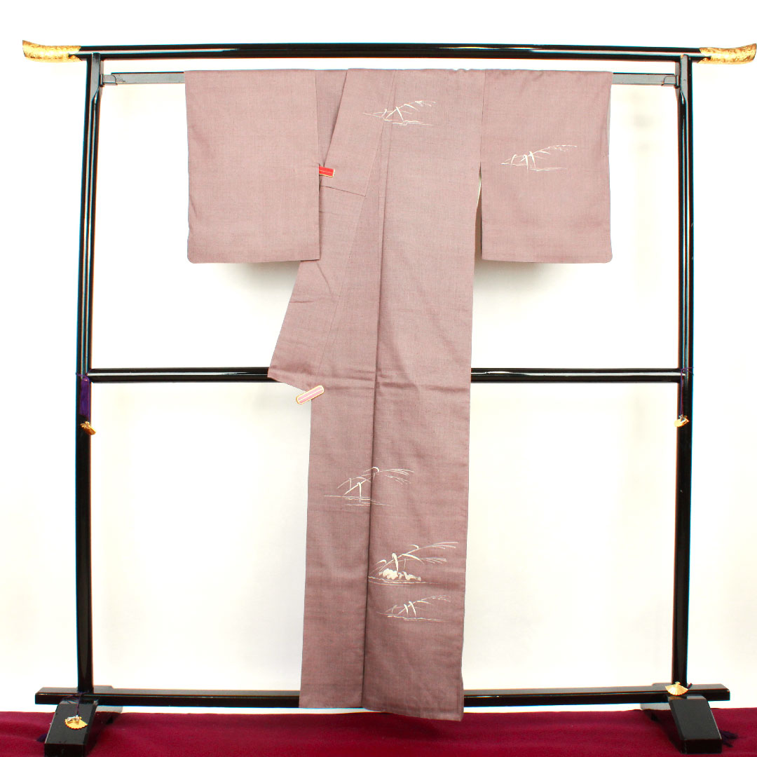 訪問着 袷 身丈160cm 裄丈60cm 紅掛鼠色 紬地 笹模様 正絹 Sランク グレー系 1112001962422