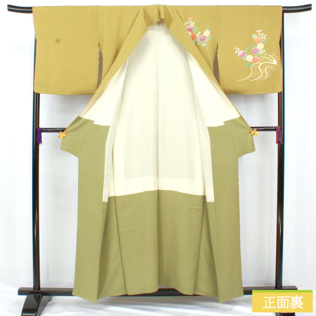 Homongi, pure silk, lined, length 155.5cm, sleeve length 67.5cm, Karakaneiro, Kyoto Yuzen, crepe, floral pattern, A rank, green, 1112005953319