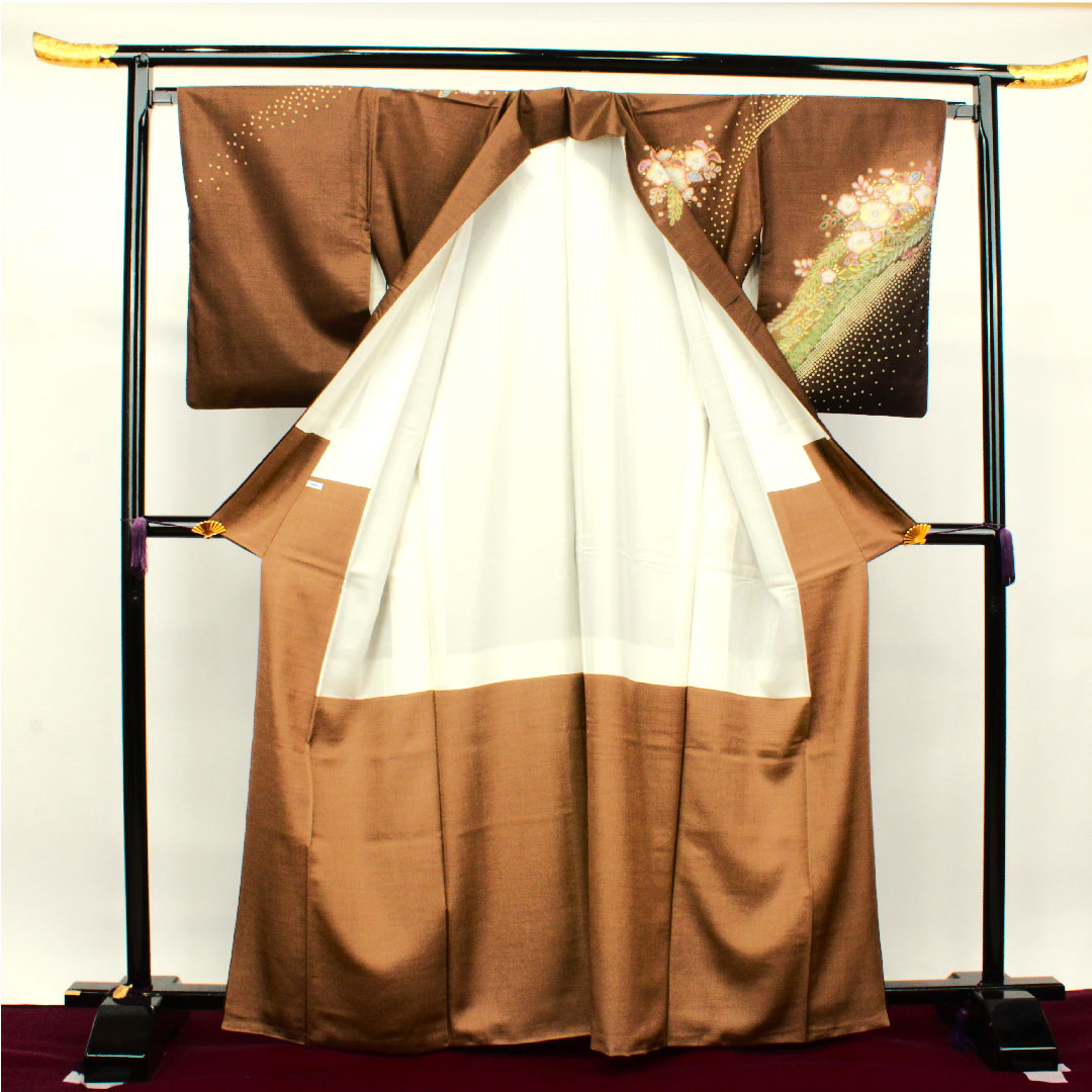 訪問着 正絹 袷 身丈165.5cm 裄丈66cm 柿兼房色 大島紬 辻ヶ花 パールトーン加工 Sランク 茶系 1112003242514
