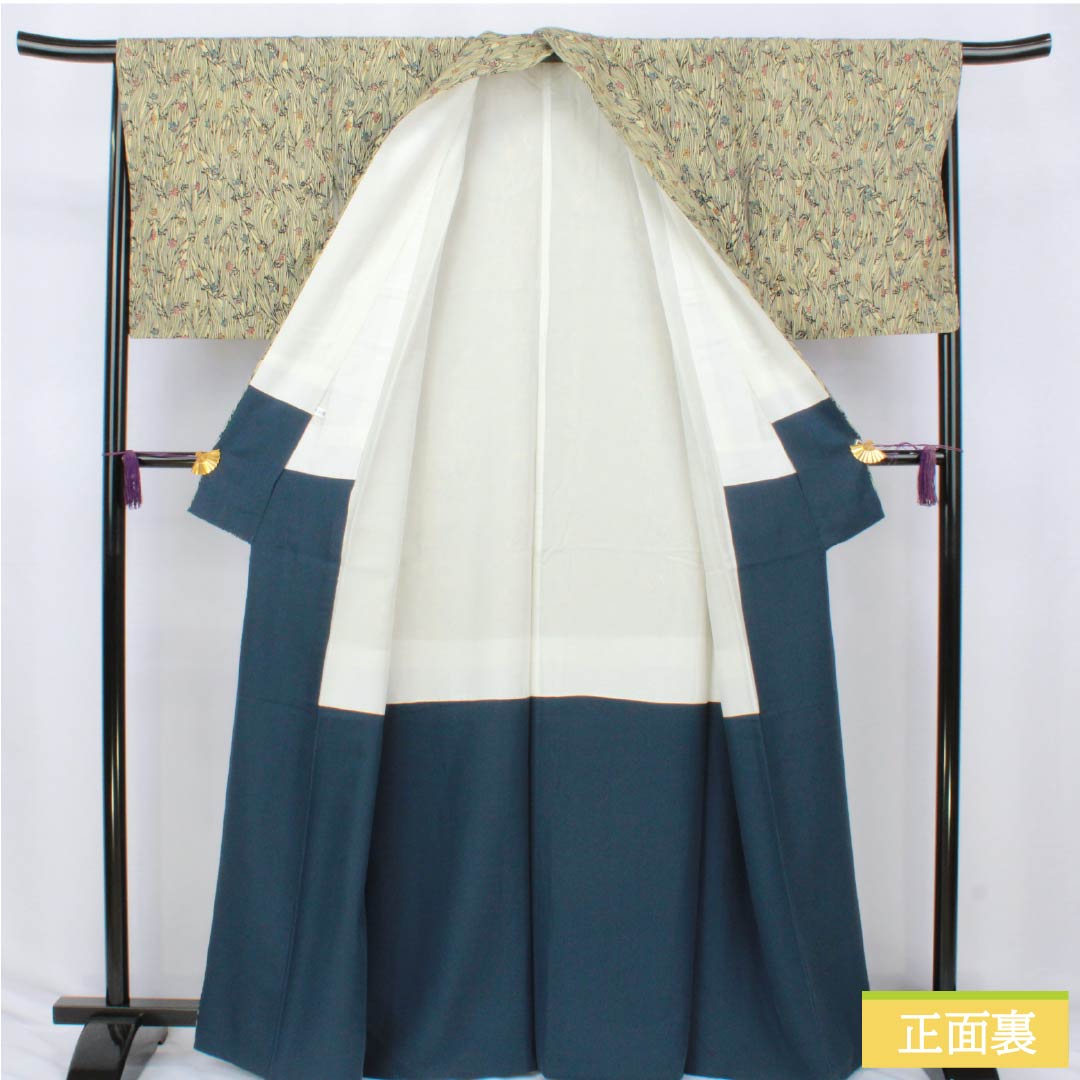 Komon (small pattern) silk, S rank, length 165cm, sleeve length 66.5cm, lined, gyoshikou-iro (fish roe yellow) pattern, stencil dyeing, curved leaves, yellowish tones, product number 1115007322523