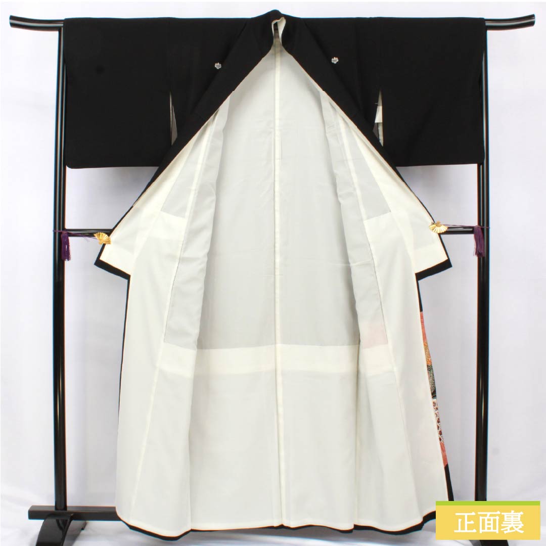 黒留袖 ポリエステル Sランク 身丈159cm 裄丈64.5cm 袷 京友禅 五つ紋 五三桐 鶴 洗える着物 五つ紋 黒系 1111001822310