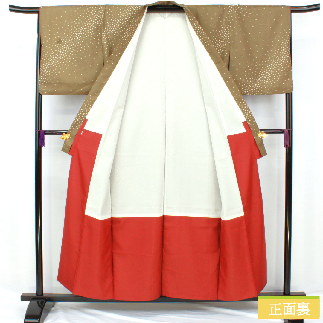 小紋 ポリエステル 身丈156cm 裄丈66.5cm 袷 古茶色（ふるちゃいろ） 洗える着物 扇 Sランク 緑系 1115004602319