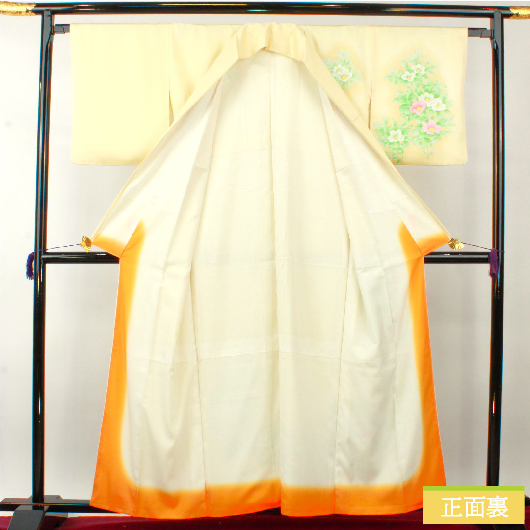 訪問着 ポリエステル 袷 身丈159.5cm 裄丈65cm 鳥の子色（とりのこいろ） 洗える着物 草花模様 Aランク 黄系 1112004313323