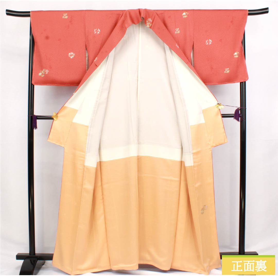 小紋 正絹 身丈163.5cm 裄丈66.5cm 袷 紅唐色（べにとういろ） 型染 花輪 Sランク 朱系 1115006072416