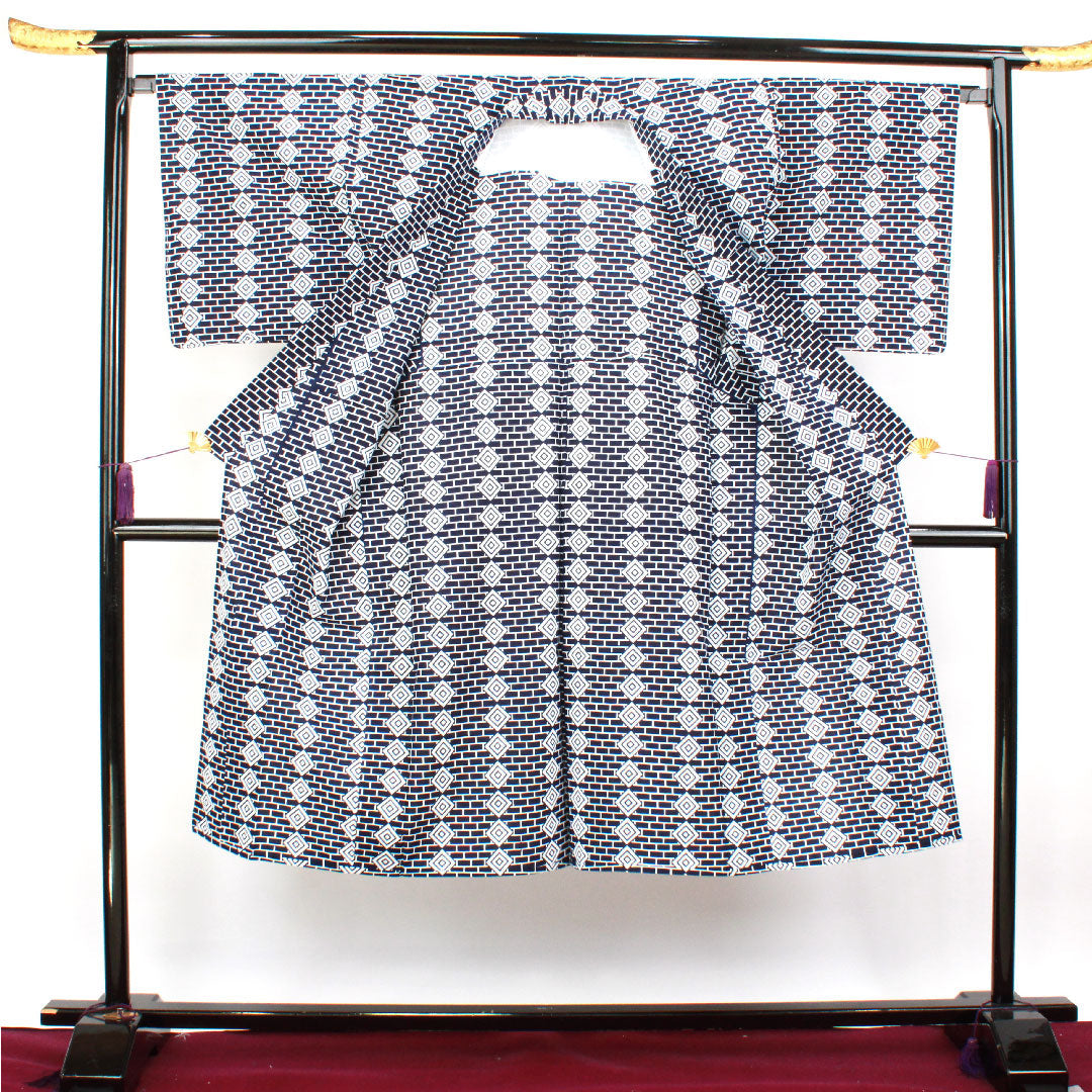 浴衣 しつけ糸付き 未使用品 男物 幾何学模様 木綿 Sランク 単衣 身丈135cm 裄丈67.5cm 紺系 1118002132118