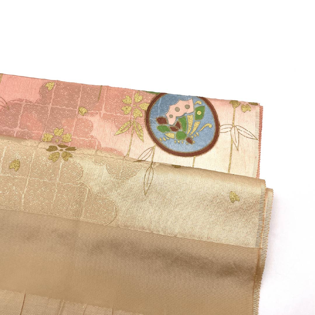 Obiage Silk S Rank Semi-formal Light Persimmon Orange, Dawn Red, Round Crest, Cherry Blossoms, Length approx. 170cm, Width approx. 30cm, Beige-toned, 1136004572925